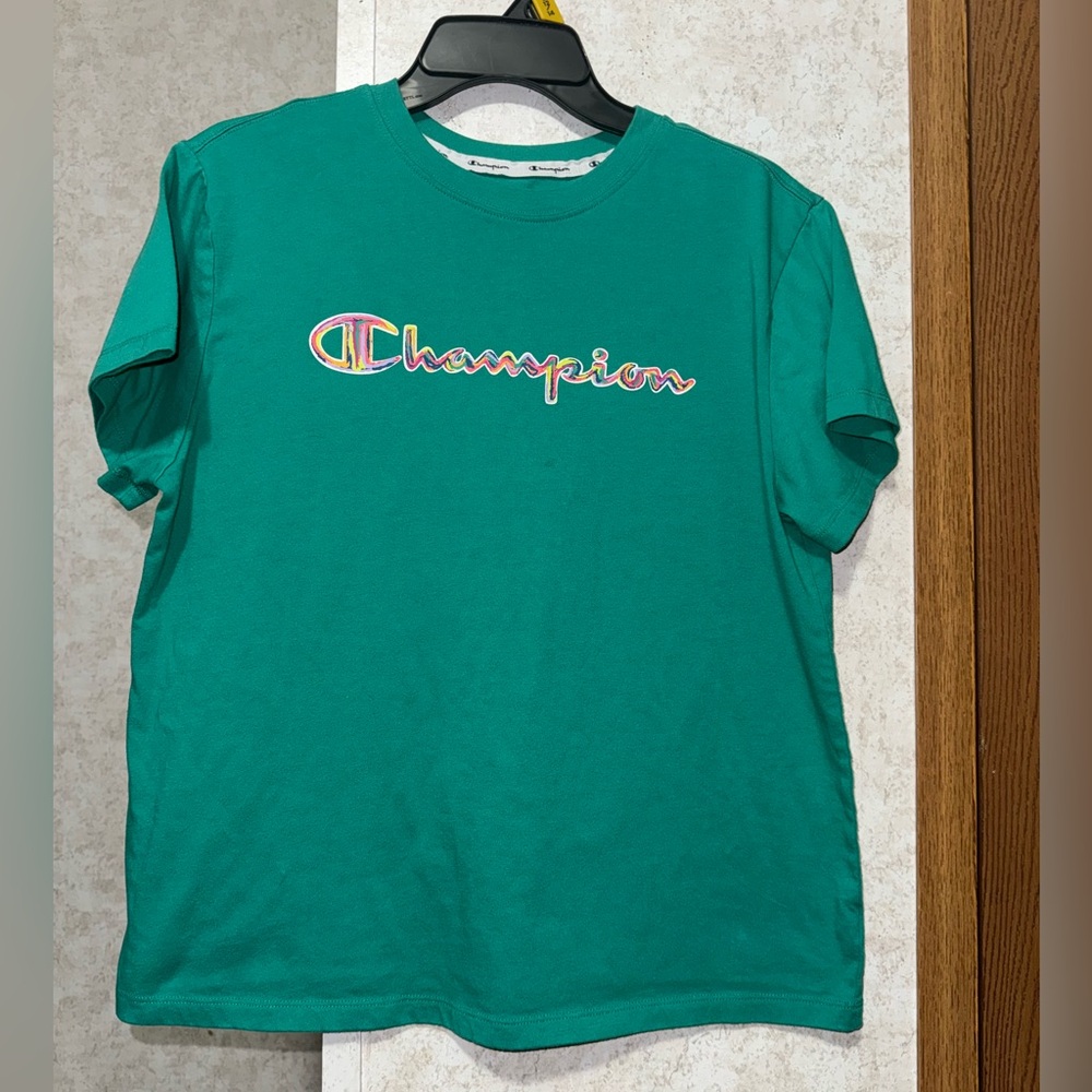 Champion Teal Tee with Multicolor Logo